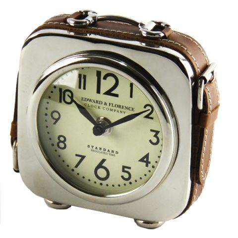 squared clock with brown leather, art 0147500