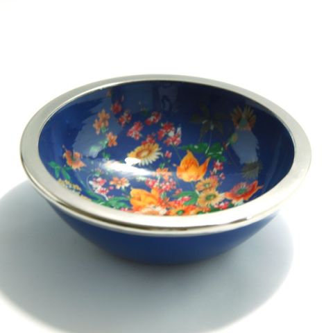 wooden enamel salad bowl blue color flower decoration, art 0560202