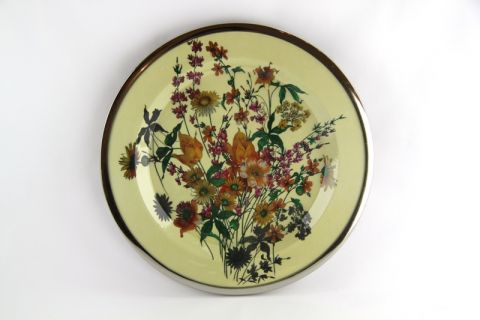 wooden enamel rotating tray with flower design and metal ring, art 0560301