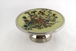 wooden enamel cake dish with metal ring flower design, art 0560501