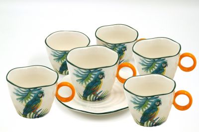 set 6 breakfast cups in azure color parrots design, art 0723712
