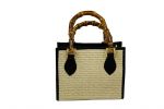 BLACK LEATHER BAG WITH BAMBOO HANDLES WITH SUMMER RAFFIA, art 0780315N